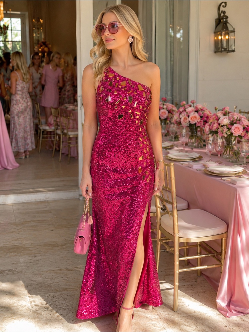 One-Shoulder Sequin Gown in Hot Pink with Mirror Accents